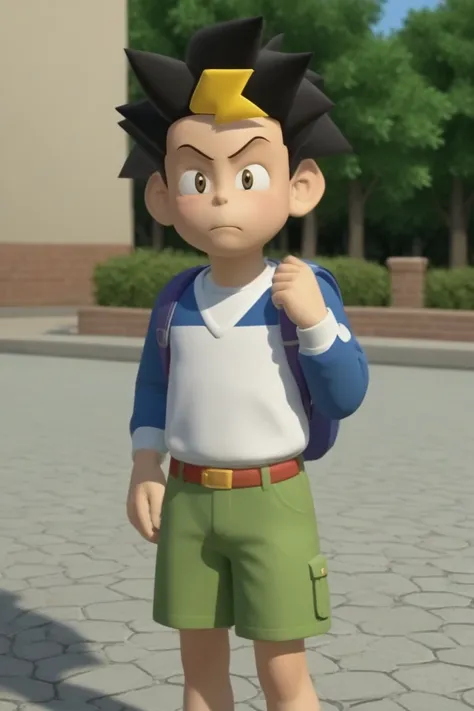 score_9, score_8_up, score_7_up, score_6_up, score_5_up,score_4_up ,
scott, black hair, brown eyes, multicolored hair, 3d, 1boy, male focus, solo, bag, raglan sleeves, shirt, frown, outdoors, backpack, spiked hair, blonde hair, green shorts, multicolored s...