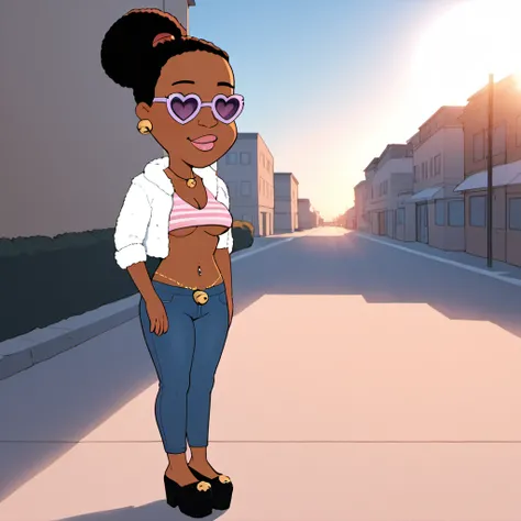 score_9,score_8_up,score_7_up,score_6_up,(((((1girl)), solo))), brown skin , Pam, dot Eyes, afro, ponytail, perverted, depraved, public exposure, cartoon, 2d, large breasts, cleavage, wide hips, skinny, narrow waist, (outside, city, bus stop background), (...