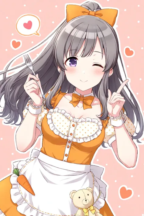 <lora:YukokuKiriko:0.8>, Yukoku Kiriko, 1girl, one eye closed, bow, smile, wrist cuffs, holding, looking at viewer, short sleeves, food, hair bow, frills, apron, stuffed toy, stuffed animal, dress, ponytail, breasts, dutch angle, blush, yellow bow, star (s...