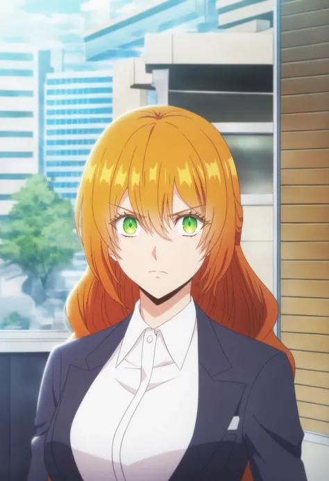 <lora:Raeliana McMillan - [Kanojo ga Koushaku-tei ni Itta Riyuu] - illustriousXL v1:1>, sysdeep_raeliana, orange hair, green eyes,, business suit, standing, office, serious expression, day