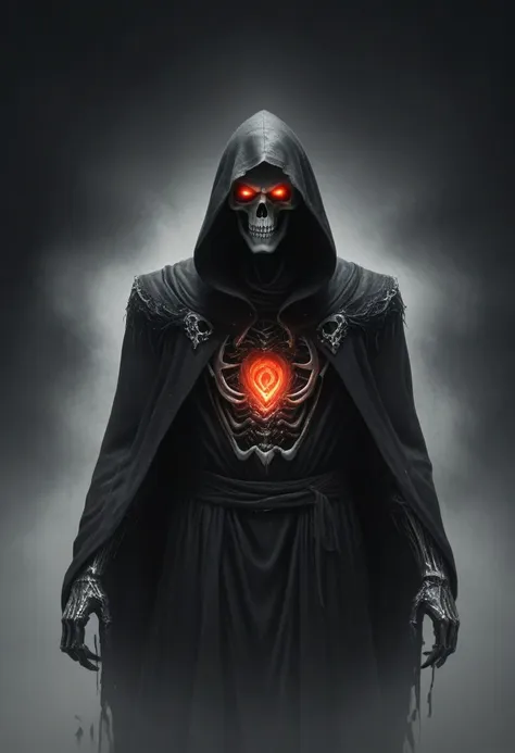 masterpiece, best quality, ultra-detailed, very aesthetic, perfect composition, intricate details, absurdres. 
BREAK,
1boy,  (Grim Reaper:1.5), (red glowing eyes), boney hands, (skull face), 
Break, 
Wearing black hooded robe, old tattered robe, 
Break, 
S...