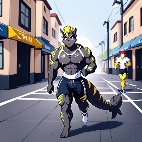 targ, male, jogging down the street, muscles