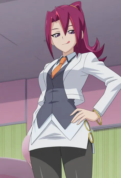 masterpiece, best quality, very aesthetic, absurdres, pov, cowboy shot, from below, solo, 1girl, <lora:Akari Tsukumo (Yu-Gi-Oh! ZEXAL):1>, akari tsukumo, ponytail, at3, white jacket, cropped jacket, long sleeves, black vest, white dress shirt, collared shi...