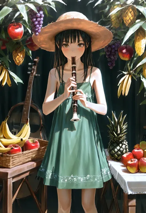 1girl, fruit, instrument, food, solo, banana, hat, long hair, dress, flute, playing instrument, music, holding instrument, grapes, straw hat, sleeveless dress, brown eyes, holding, looking at viewer, sleeveless, green dress, blush, brown hair, standing, ap...