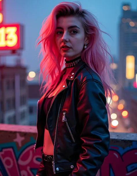 In a gritty, neon-lit, dystopian cityscape, the camera captures a captivating close-up of SPL1SHB13, a woman with striking blonde hair that cascades down her back like a waterfall, contrasting sharply against her vibrant pink hair. Her piercing blue eyes, ...