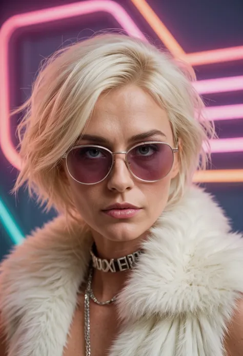 A close-up portrait, shot from a low angle with a Canon EOS 5D Mark IV and a 50mm f/1.2 lens, captures a Chromatic Striped Design Athlete with tousled Neon White short hair, sleek sunglasses, a gleaming White long fur vest, and a silver chain, posing confi...