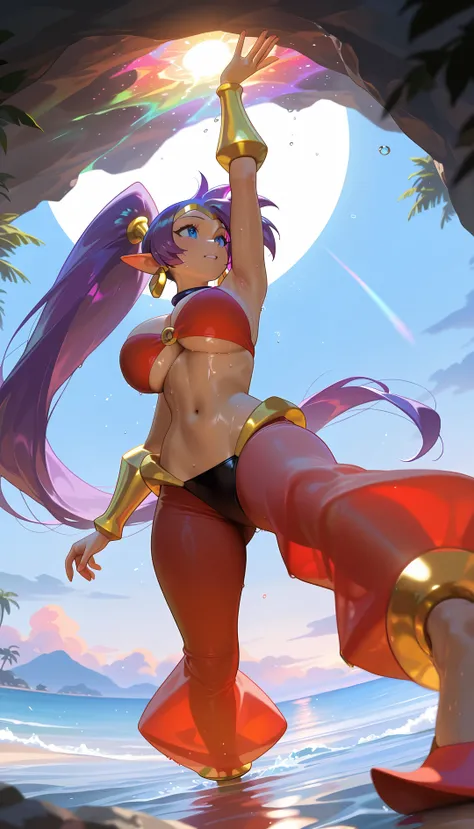 masterpiece, best quality, amazing quality, very aesthetic, absurdres,  newest, scenery, 1girl, shantae, ponytail, purple hair,  from below, armpits, wet, sweat, huge breasts, from side, (wide shot), dancing, arm up, outdoors, , close-up, photorealistic, (...