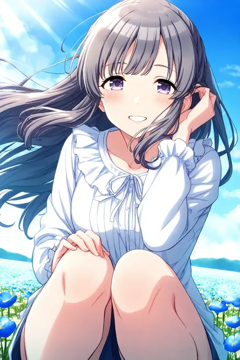 <lora:YukokuKiriko:0.8>, Yukoku Kiriko, 1girl, flower, flower field, solo, field, outdoors, smile, looking at viewer, blush, collarbone, hand on own knee, sky, squatting, long sleeves, floating hair, day, shirt, blue sky, blue flower, hair tucking, frills,...