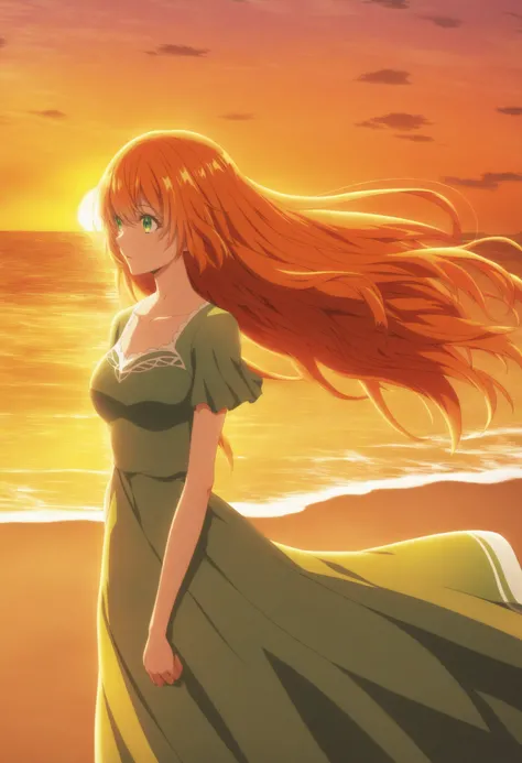 <lora:Raeliana McMillan - [Kanojo ga Koushaku-tei ni Itta Riyuu] - illustriousXL v1:1>, sysdeep_raeliana, orange hair, green eyes,, chiffon dress, standing, at the beach, wind in hair, sunset