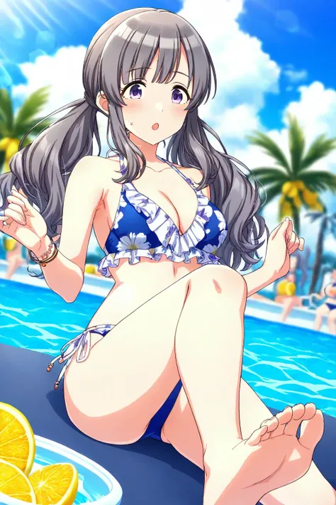 <lora:YukokuKiriko:0.8>, Yukoku Kiriko, 1girl, swimsuit, bikini, barefoot, outdoors, open mouth, bracelet, jewelry, foot out of frame, solo focus, low twintails, tree, feet, day, pool, twintails, white bikini, palm tree, frills, toes, blurry, side-tie biki...