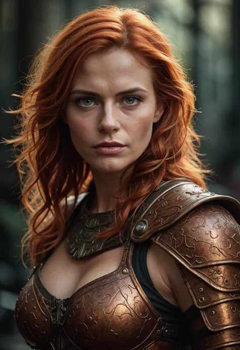 A Canon EOS 5D Mark IV, wielding a Canon EF 85mm f/1.2L II USM lens, captures a close-up portrait of a fiery redhead warrior, standing tall with a determined gaze that pierces through the camera, her captivating eyes meeting the viewers directly, her power...