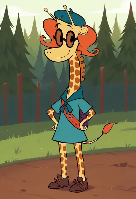 score_8, score_8_up, score_7_up, 1girl, female focus, Solo, Nina_CL, furry, tail, black eyes, bright orange hair, yellow skin, horns, scout red band with medals, blue green beret, blue green dress, brown shoes, cute, giraffe, glasses, long neck, outside, i...