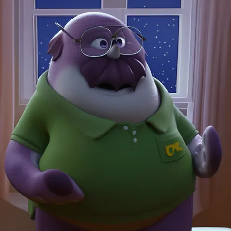 solo, male, middle-aged, slightly overweight, round slightly pudgy body, light purple skin, purple polka dots, dark purple fin-like balding hair and mustache, two tentacled arms and wears a green Polo-shirt and glasses, rounded smooth head, His eyes give o...