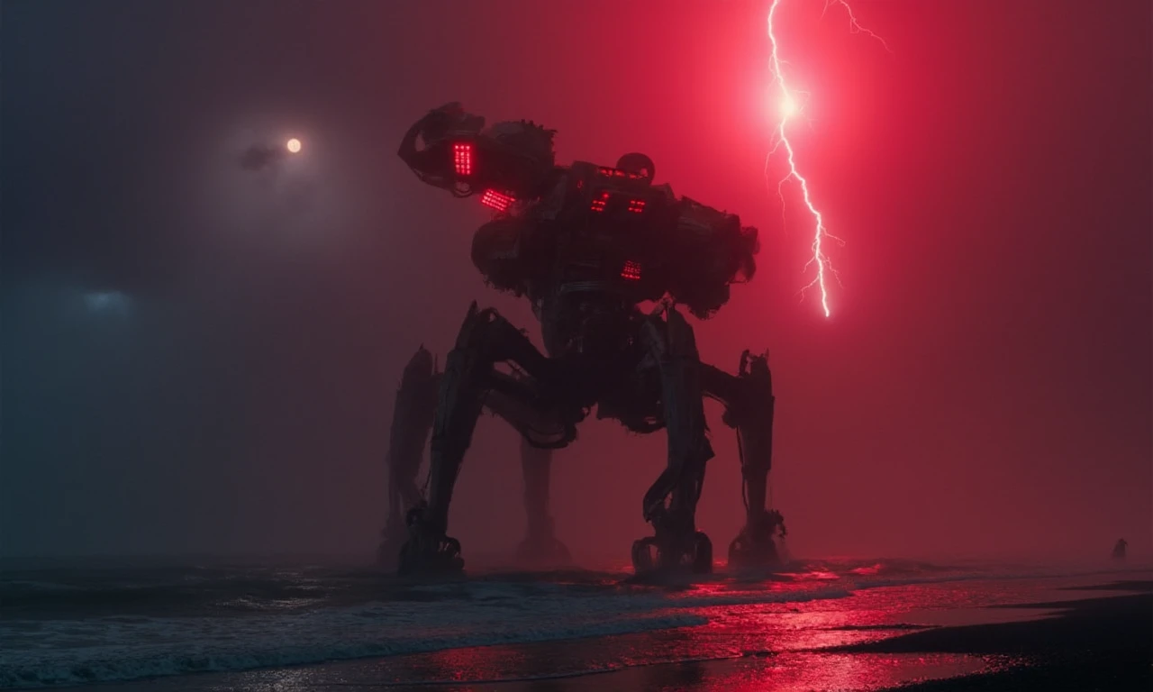 Envision a towering brutal mecha with multiple intricate legs emerging from the seashore at night, its complex grotesque design gleaming under vibrant, storm-lit colors. Detailed complex reflections ripple across the rain-soaked water, as thick fog envelop...