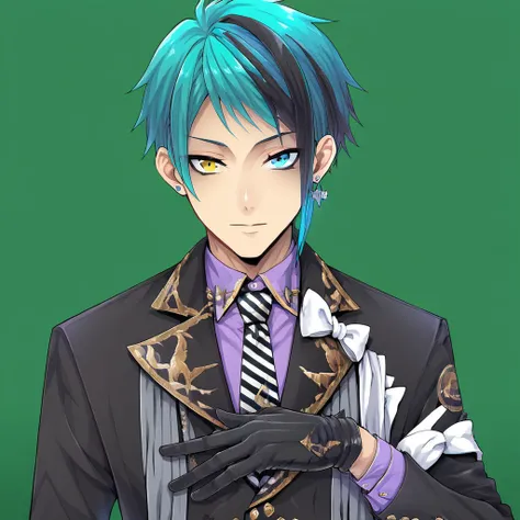 striped necktie, streaked hair, jewelry, multicolored hair, white bow, purple shirt, 1boy, heterochromia, Turquoise hair, black hair, looking at viewer, gloves, earrings, black footwear, black gloves