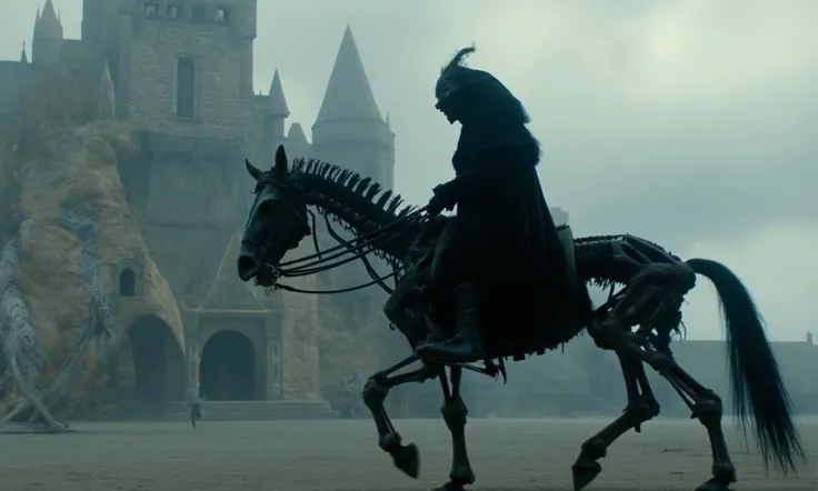  (Nazgul:2.0) wearing a cloak, is riding a skeletal undead black horse, in front of a castle, a dragon in the background