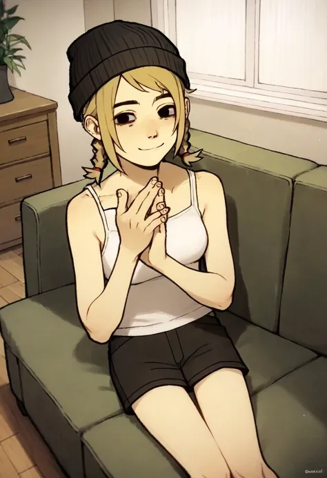 score_9,score_8_up,score_7_up,score_6_up,source anime BREAK, 1girl, solo, twin braids, black beanie, blonde hair, white singlet, head resting on hand, looking at viewer, gentle smile, indoors, apartment living room, sitting on a couch, legs wide, high angl...