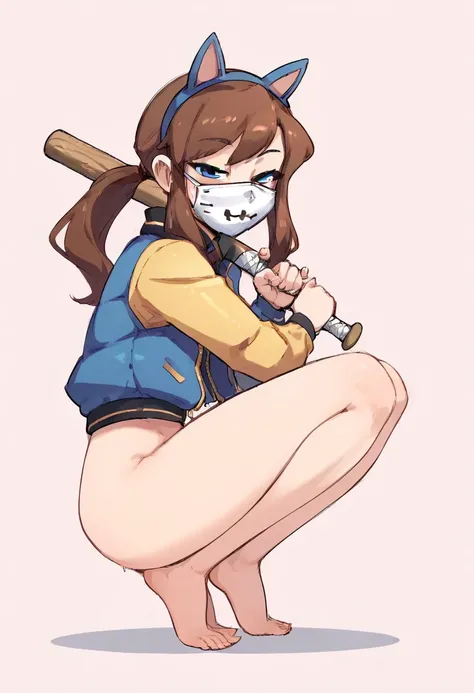 score_9, score_8_up, score_7_up, score_6_up, score_5_up, score_4_up, source_cartoon, rating_explicit, hatLady, brown hair, ponytail, blue eyes, nyakuza, fake animal ears, face mask, small jacket, bottomless, barefoot, squatting, holding baseball bat, looki...