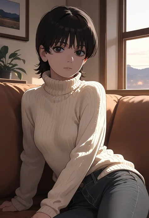 score_9_up, score_8_up, score_7_up, score_6_up, BREAK Fuj1noLB, 1girl, black hair, short hair, bangs, black eyes,  turtleneck sweater, white sweater, black jeans, sitting on sofa, lying on side, living room, window, looking at viewer, bright lighting, beau...