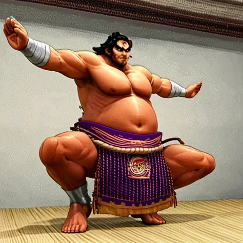 masterpiece, anime screencap, 3d, cgi, ganryu (tekken), black eyes, black hair, facial hair, pectorals, muscular, fat, arm thrust, sumo wrestler, brown skin, purple mawashi, indoors, outstretched arms, palms, bushy eyebrows, smile, male focus, 1man, solo, ...