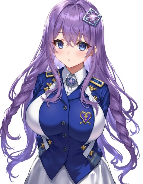 rannou, a masterpiece with amazing quality, detailed 4k illustration, purple heart, neptune series, blue eyes, symbol-shaped pupils, purple hair, very long hair, twin braids,, (skirt suit),police uniform,nursing sweater, large breasts,, d-pad hair ornament...