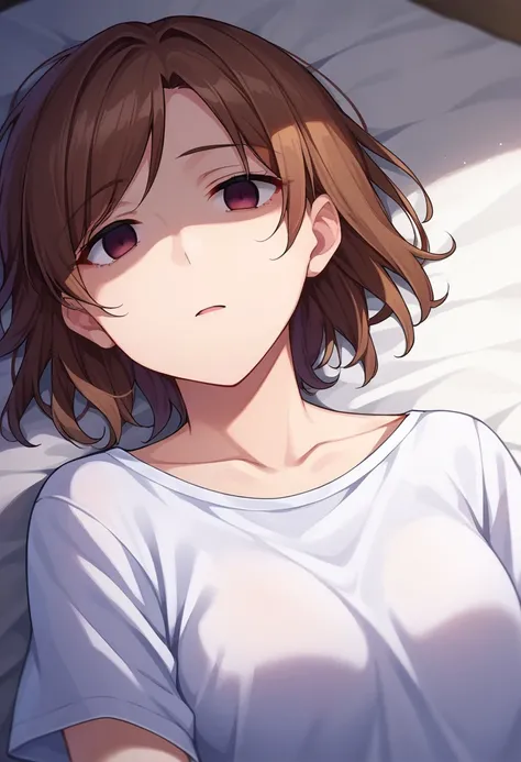 score_9, score_8, score_7, source_anime, empty eyes, shirt, brown hair, on back, collarbone, solo focus