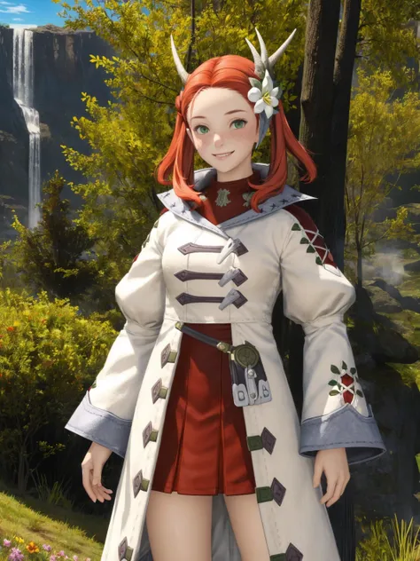 <lora:Raya-O-Senna_0R:0.7>, <lora:CC_Detail_Tweaker_1:0.5>
rayaosenna, red hair, twintails, horns, flower, hair flower, hair ornament, green eyes, freckles, small breasts
white coat, red skirt, long sleeves, legs
masterpiece, best quality, ultra-detailed, ...