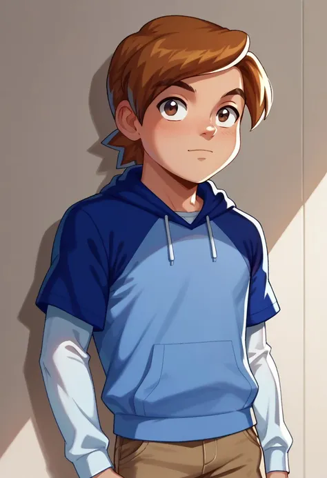 score_9, score_8_up, score_7_up, highly detailed, cute boy, 1boy, solo,
Marc_Clark, Brown Hair, Brown Eyes, Short Sleeve Hoodie, Blue Hoodie, Long White Sleeve Shirt, Brown Khaki Pants