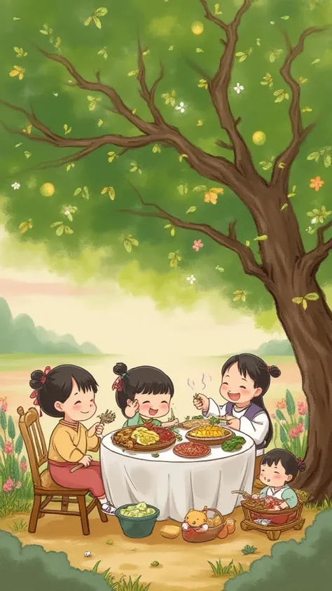 A family of five people eating together,table,tree,