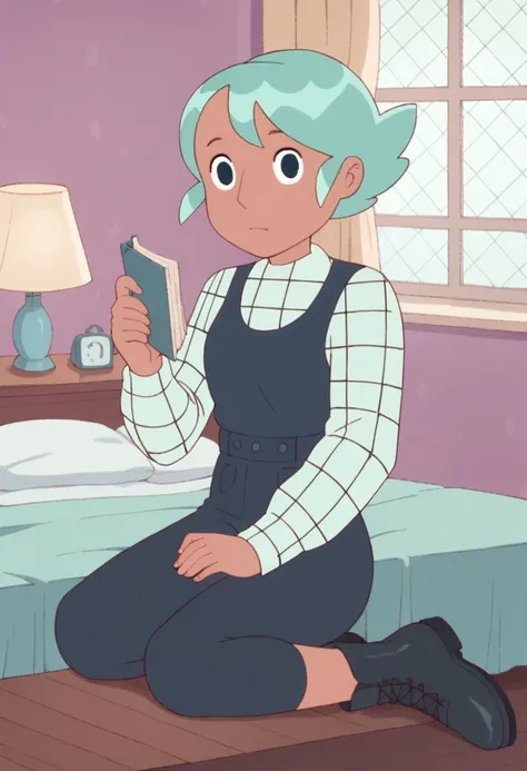 score_8, score_8_up, score_7_up, 1girl, female focus, Solo, Cass_BAP, light tanned skin, dark blue eyes, mint green hair, short hair, white and green checkered shirt, dark blue pinafore with pockets, black fitted pants, black boots, full body, indoors, bed...