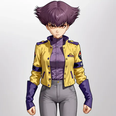 1girl,solo,purple hair,short hair,yellow vintage uniform jacket,blue sleeves,red eyes,grey pants,black boots,standing,serious,facing viewer looking at viewer,bare hands,jacket only,jacket buttoned