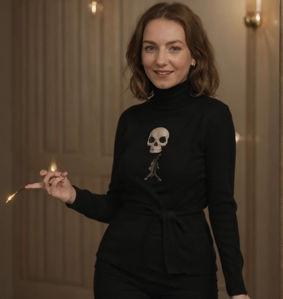 a professional absurdres sharp focus intricately detailed full-body portrait photograph of the beautiful solo (Alexandra_Jensen:1.1) smiling with a random hairstyle,
wearing a black turtleneck shirt with a light cardigan,
juggling fiery skulls and dancing ...