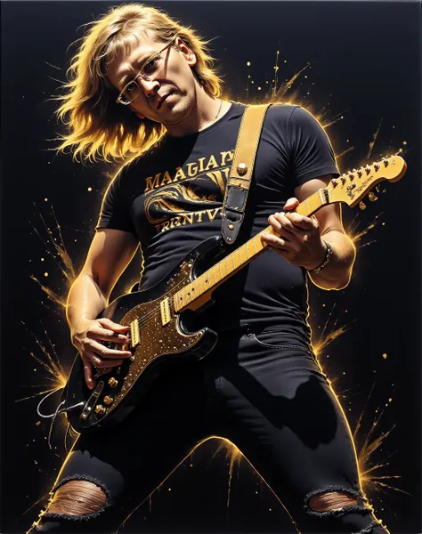 Male guitarist with glasses clutching (electric guitar "Magna 2000RFR-BK":1.3), epic, full length view from below, rock style Julie Bell-Ken Kelly-Charlie Bowater, ripped black jeans, (T-shirt with the word "RINTV":1.3) engulfed in flashing stage lights, c...