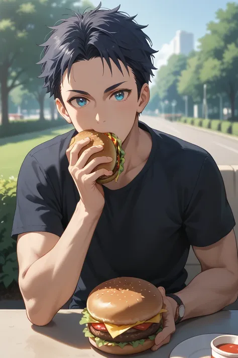 score_9, score_8_up, score_7_up, source_anime, rating_questionable, day, natural lighting, casual theme, male focus, leaning forward, looking at viewer, eating, holding burger, expressive face, ShogoGGLR, blue_ShogoGGLR_eyes, black_ShogoGGLR_short hair, co...