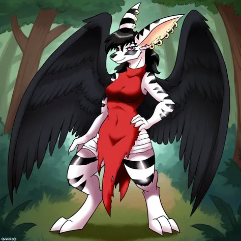 SakidoElexion, female, anthro,long ears,long muzzle, black stripes, white fur, white body, goden ear piercings, red dress, torn dress, long claws, black wings, feathered wings,black hair,
 Standing on a forest, hand on hip, smiling, looking at you, forest ...