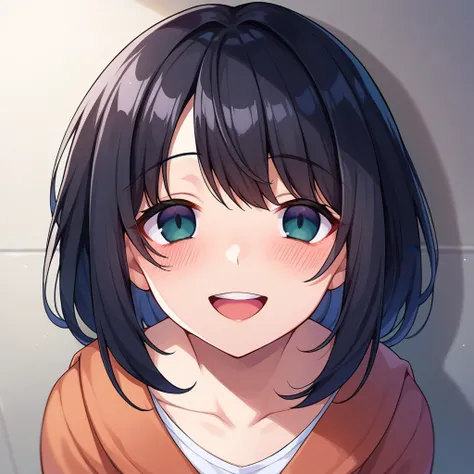 score_9, score_8, score_7, source_anime, empty eyes, black hair, looking at viewer, POV, blush, smile, open mouth, upper teeth only