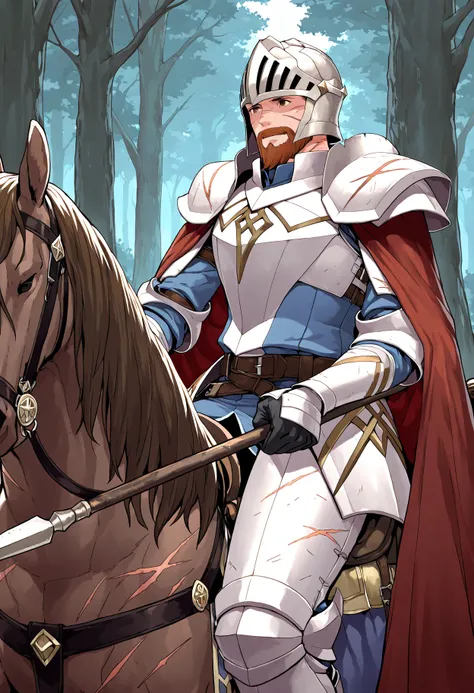 (highly detailed, best quality, high quality, attention to detail, intricate detail, masterpiece, very aesthetic, absurdres), 1man, solo, brown hair, beard, scars, cape, holding spear, heavy armor, helmet, knight uniform (fire emblem), horseback riding, in...