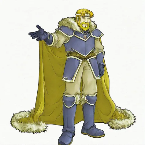 ,score_9, score_8_up, score_7_up, beautyfull color, aesthetic, 2d,1boy, solo, male focus, blonde hair, cape, facial hair, armor, circlet, full body, white background, fur trim, beard, simple background, boots, gloves, king,