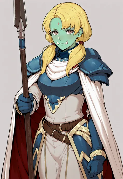 (highly detailed, best quality, high quality, attention to detail, intricate detail, masterpiece, very aesthetic, absurdres), 1girl, solo, low twintails, blonde, green skin, tusks, cape, spear, knight uniform (fire emblem), simple background <lora:GAME_STY...