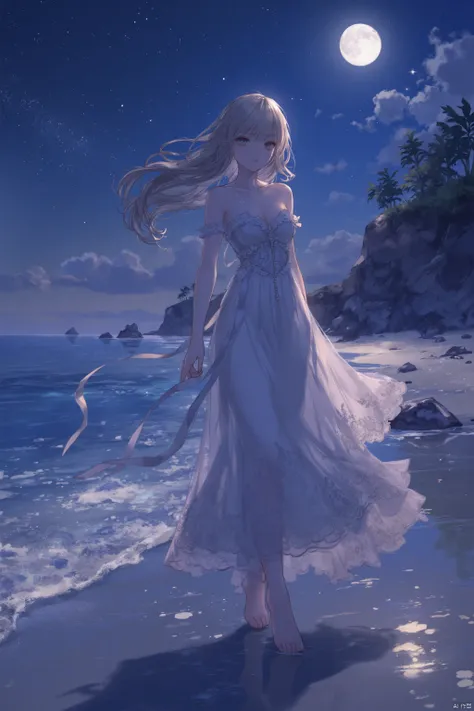 yunran,
A sophisticated and elegant anime girl in a beautiful evening gown strolls along a moonlit beach, the gentle waves lapping at her feet. The stars twinkle in the night sky, creating a magical and romantic atmosphere. High detail, 8k resolution, mast...