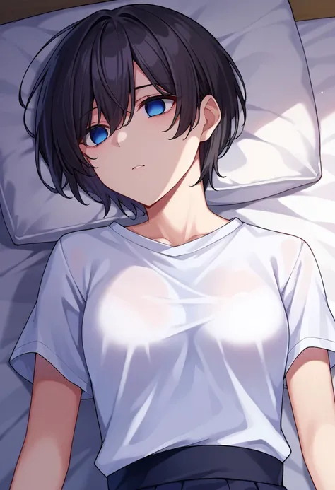 score_9, score_8, score_7, source_anime, empty eyes, on back, shirt, blue eyes, short hair, black hair