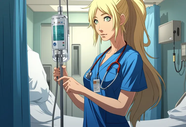 A detailed solo portrait of  angela_thompson
Anime style, sharp, high contrast and highly detailed.,,,
<lora:angela_thompson_flux_1_2-000008:1>She is in a hospital emergency room. She wears a blue surgical scrub and a stethoscope. She is busy adjusting an ...