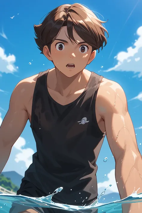 score_9, score_8_up, score_7_up, source_anime, rating_questionable, day, natural lighting, summer theme, water, water droplet, water splash, ocean horizon, male focus, leaning forward, looking down at viewer, surprised, expressive face, KazuyaIE, brown_Kaz...