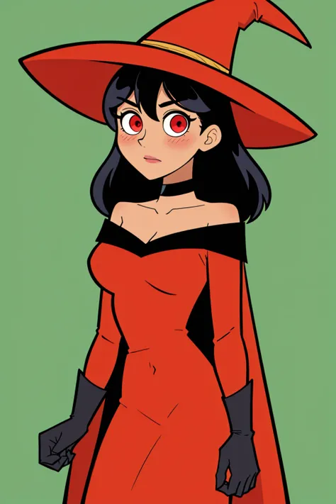 danny_phantomstyle,masterpiece, best quality, masterpiece, best quality,solo,1girl, bare shoulders, black cape, black gloves, black hair, blush, cape, choker, collarbone, dress, hair between eyes, hat, long sleeves, looking at viewer, medium hair, off-shou...