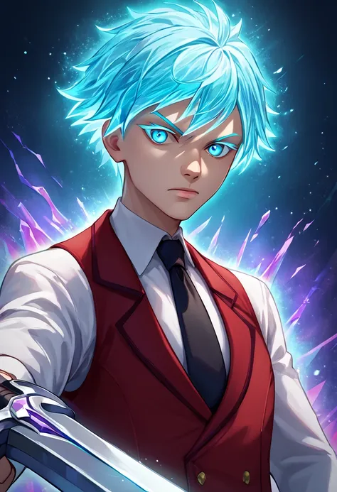 score_9,score_8_up,score_7_up,score_6_up,score_5_up,score_4_up,source_anime BREAK ray white,1boy,solo,weapon,sword,necktie,looking at viewer,holding weapon,glowing,holding,male focus,blue hair,shirt,holding sword,upper body,white collared shirt,red waistco...