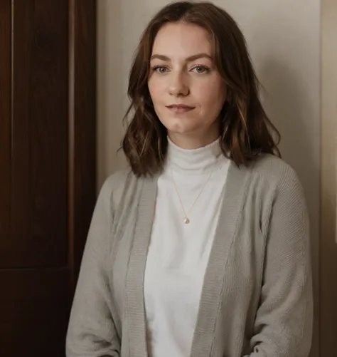 a professional absurdres sharp focus intricately detailed full-body portrait photograph of the beautiful solo (Alexandra_Jensen:1.1) smiling with a random hairstyle,
wearing a {black|maroon|indigo} turtleneck shirt with a light cardigan and dress,
yodeling...