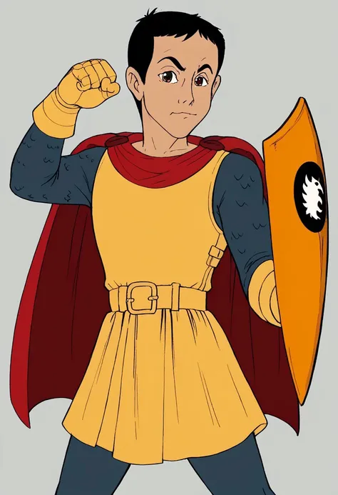 score_9, score_8_up, score_7_up, highly detailed, cute boy, 1boy, solo, ericthecavalier, black hair, Messy hair tuft, short hair, brown eyes, Yellow tunic, red cape, Chainmail Sleeves, blue gray leggings, silver greave, Gold Armor gloves, gold belt, fantas...