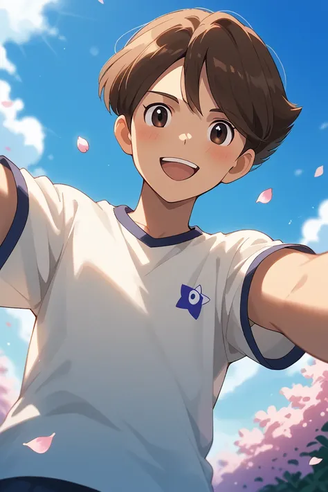 score_9, score_8_up, score_7_up, source_anime, rating_safe, day, natural lighting, spring theme, flowers, petals, male focus, selfie, outstretched arms, smiling, blushing, looking down at viewer, expressive face, KazuyaIE, brown_KazuyaIE_male hair, black_K...