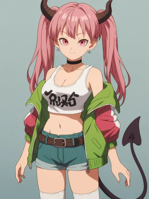 score_9, score_8_up, score_7_up, score_6_up, score_5_up,
1girl, solo, breasts, tail, pink_hair, horns, demon_tail, shorts, jacket, twintails, large_breasts, smile, looking_at_viewer, long_hair, navel, choker, black_background, pink_eyes, short_shorts, belt...