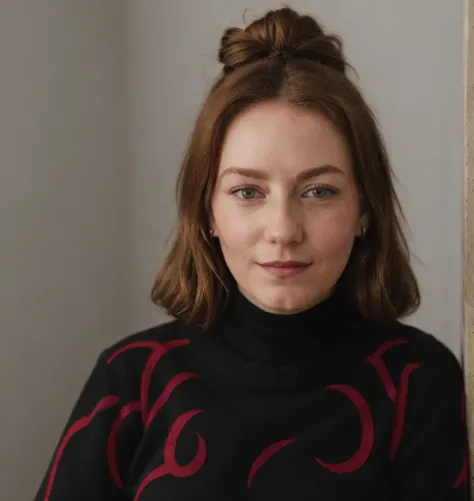 a professional absurdres sharp focus intricately detailed full-body portrait photograph of the beautiful solo (Alexandra_Jensen:1.1) smiling with a random hairstyle,
wearing a {black|maroon|indigo} turtleneck shirt with a light cardigan and dress,
ribbitin...